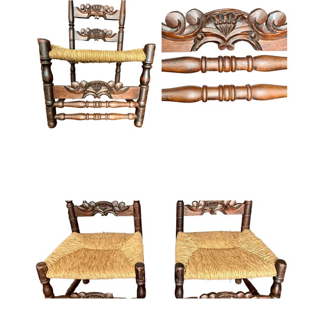Late 19th Century Pair Antique Victorian Carved Ladder Back Chairs-Rush Seat-Hall-19th C-Colonial For Sale - Image 5 of 12