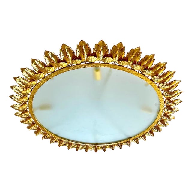 Spanish Crown Sunburst Fixture in Gilt Metal and Frost Glass, 1970s For Sale