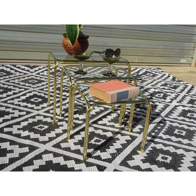 Nesting Tables in Gilt Metal and Tempered Glass, 1990s, Set of 3 For Sale - Image 10 of 18
