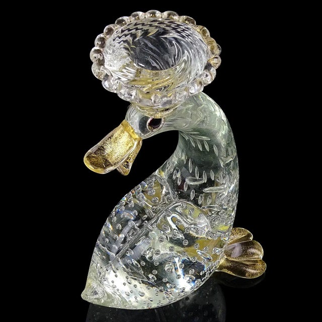 Glass Antique Barovier Toso Murano Crystal Clear Gold Flecks Italian Art Glass Duck Candlestick Sculpture For Sale - Image 7 of 10