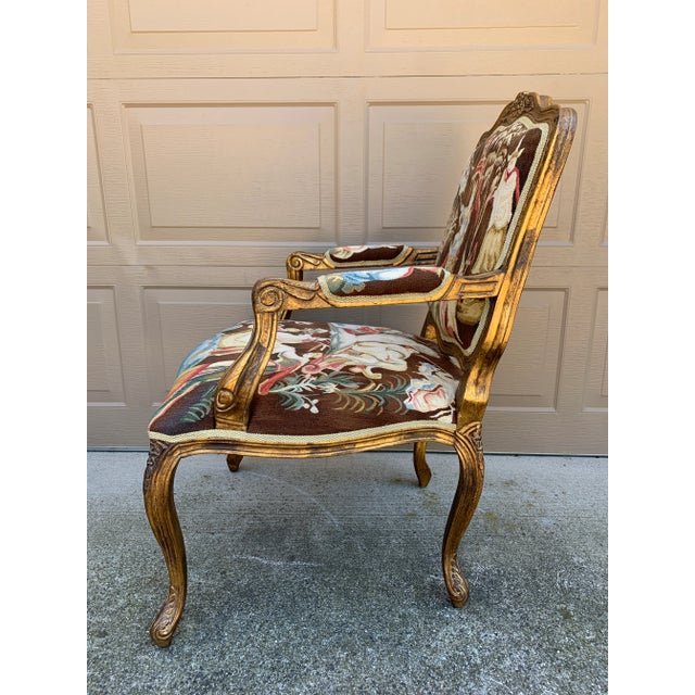 French Provincial Louis XV Giltwood Fauteuil With Chinoiserie Tapestry Upholstery For Sale - Image 10 of 12