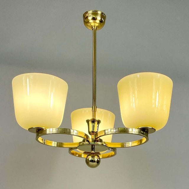 Art Deco Opaline Glass and Brass Chandelier, Germany, 1930s For Sale - Image 3 of 18