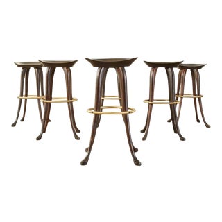 Set of Six Jean of Topanga California Carved Barstools For Sale