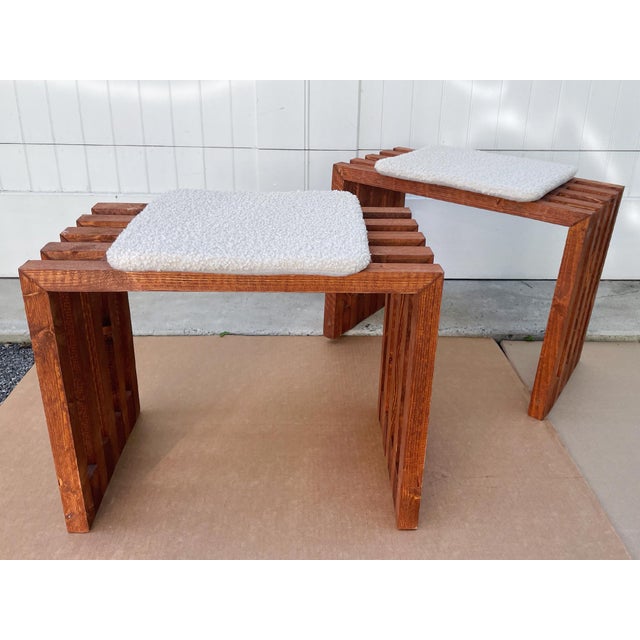 Scandinavian Modern Pine Slatted Benches With Shearling Cushions - A Pair For Sale - Image 4 of 13