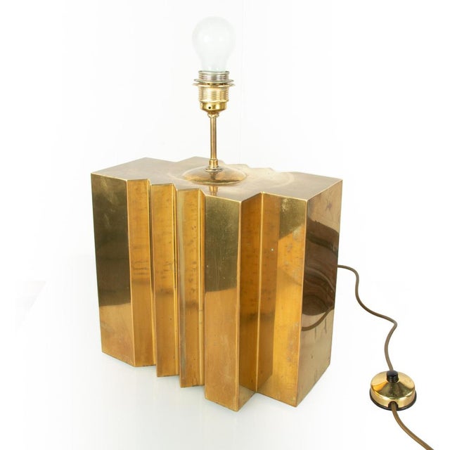Exceptional 1970s handcrafted design table lamp base by g. Autier, france. High quality geometrical brass sculpture....