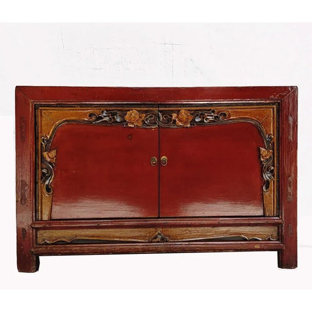 Wood 1920s Antique Red Cabinet With Carved Border Doors For Sale - Image 7 of 7