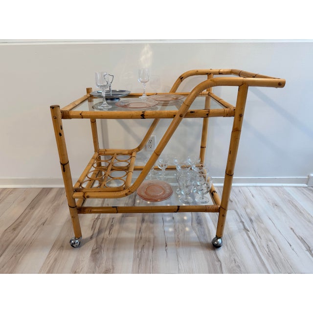 Mid-Century Modern Vintage Tortoise Bamboo Rattan Bar Cart With Bottle Rack For Sale - Image 3 of 6