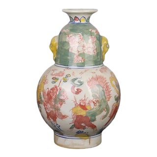 Chinese Vintage Ceramic Vase,Blue and White Famille Verte Porcelain Gourd Vase Hand Painted General Figures Pattern For Sale