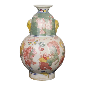 Chinese Vintage Ceramic Vase,Blue and White Famille Verte Porcelain Gourd Vase Hand Painted General Figures Pattern