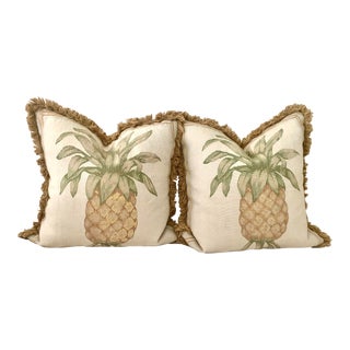 Large Pineapple Design Custom Woven Cream Pillows With Fringe - a Set For Sale
