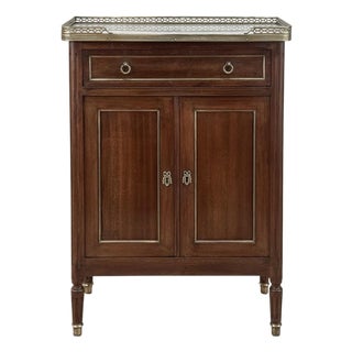 Antique French Louis XVI Mahogany Cabinet With Carrara Marble Top and Brass Gallery For Sale