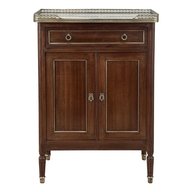 Antique French Louis XVI Mahogany Cabinet With Carrara Marble Top and Brass Gallery For Sale