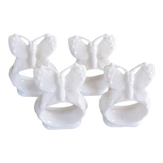White Ceramic Butterfly Motif Napkin Rings - Set of 4 For Sale
