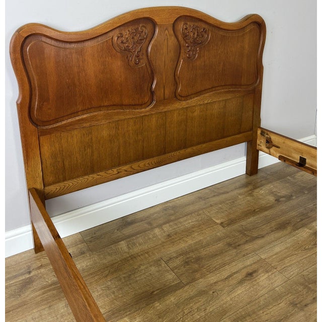 Vintage French Louis XVI Oak Double Bed Frame with Carved Headboard For Sale - Image 11 of 13