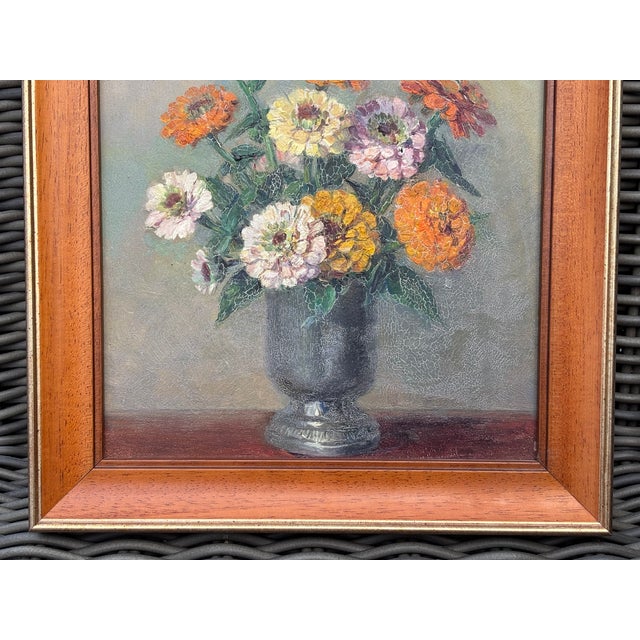 Orange Early 20th Century Elegant Pansies English Traditional Oil Painting For Sale - Image 8 of 8