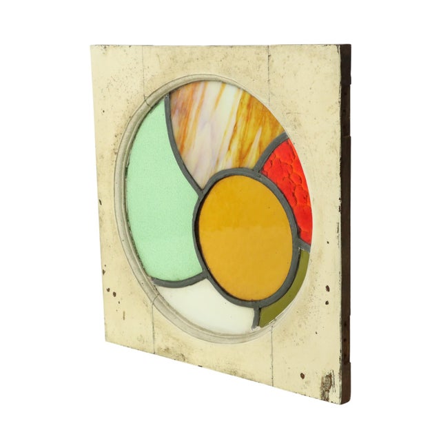Stained Leaded Glass Panel with Wooden Frame, 1950s For Sale - Image 3 of 15
