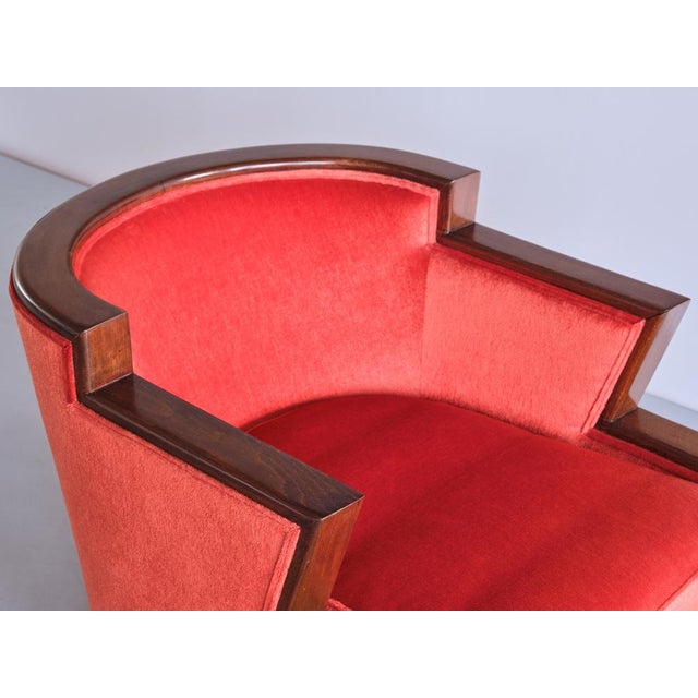 Art Deco Cubist Armchair in Vermilion Mohair Velvet and Maple, Belgium, 1920s For Sale - Image 13 of 17