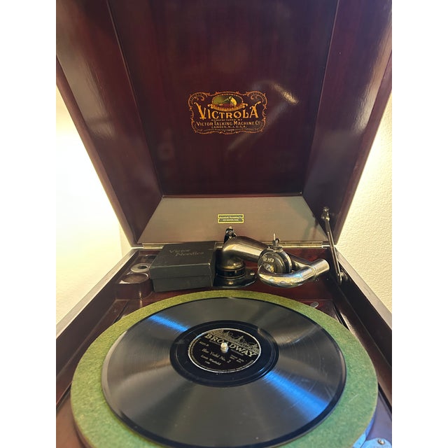 Antique Victrola Mahogany Console With Record Collection For Sale - Image 4 of 4