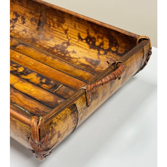 Vintage Burnt Tortoise Shell Rattan Basket Tray For Sale - Image 11 of 12