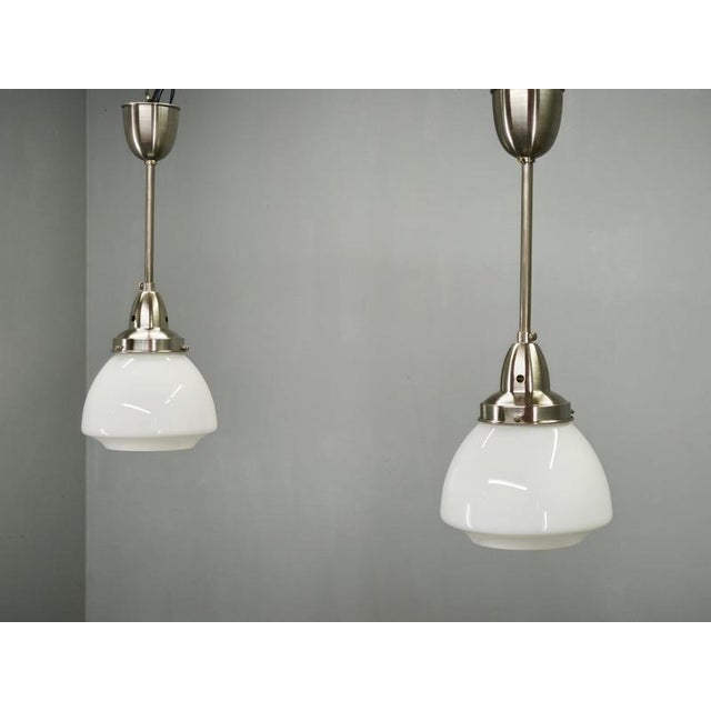 Vintage Czech Art Deco Opaline Glass and Chrome Pendant Lights, 1930s, Set of 2 For Sale - Image 15 of 16