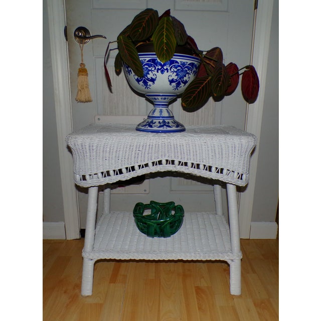 Vintage White Draped Wicker Rattan Sculpted Beaded Coffee Table Plant Stand For Sale - Image 14 of 18