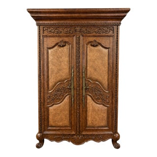 Monumental Carved Wood Home Bar Armoire With Mirrored Interior, Wine Storage & Mini Fridge For Sale
