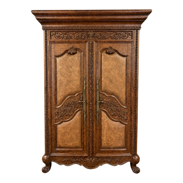 Monumental Carved Wood Home Bar Armoire With Mirrored Interior, Wine Storage & Mini Fridge For Sale