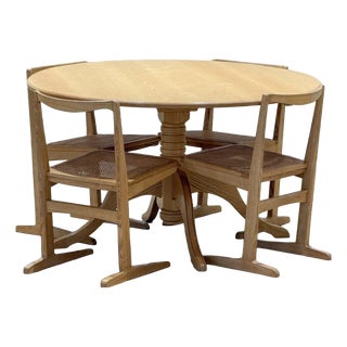 Mid-Century Modern Elm Circular Dining Table and Rattan Chairs, 1960s, Set of 5 For Sale