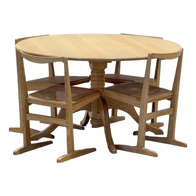 Mid-Century Modern Elm Circular Dining Table and Rattan Chairs, 1960s, Set of 5 For Sale