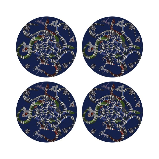 Ouroboros Blue Vegan Leather Round Pebble Placemat, Set of 4 For Sale - Image 4 of 5