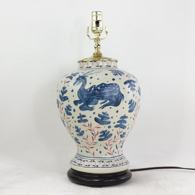 Vintage Brunschwig & Fils Cadiz Table Lamps - Blue and Cream Ceramic With Boar and Deer Motif For Sale - Image 14 of 14