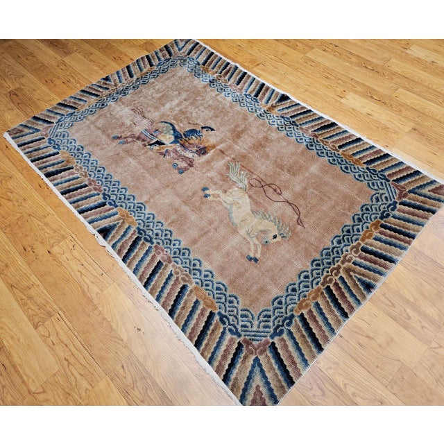Vintage Chinese Pictorial Area Rug, Handwoven Wool on Cotton, Tan & Blue, 4' x 6' For Sale - Image 4 of 13