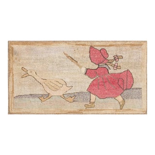 1930s Ivory Scene Folk Art Antique American Hooked Rug 2'2" X4'2" Handknotted Wool Carpet For Sale