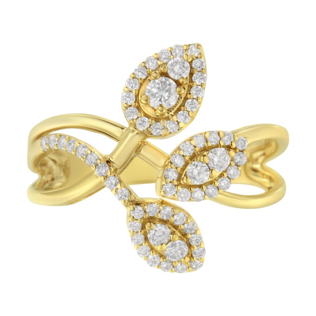 Contemporary 10K Yellow Gold 1/2 Cttw Round-Cut Diamond Layered Crossover Triple Leaf Bypass Ring (I-J Color, I1-I2 Clarity) - Size 10 For Sale - Image 3 of 6