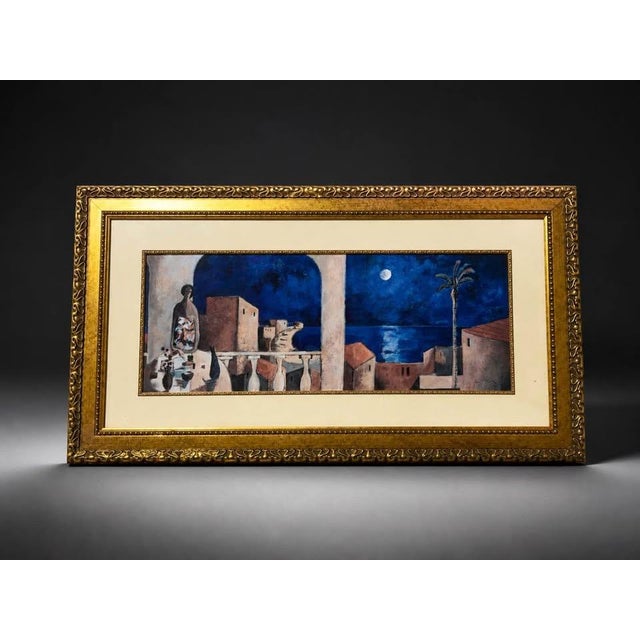 A Mediterranean coastal-style framed wall art piece featuring a dramatic night scene with deep blue tones, moonlight,...