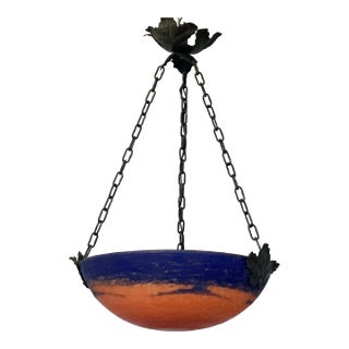 Antique French Lighting Bowl Chandelier With Sunset Colors, Reds & Blues, Ca. 1915 For Sale