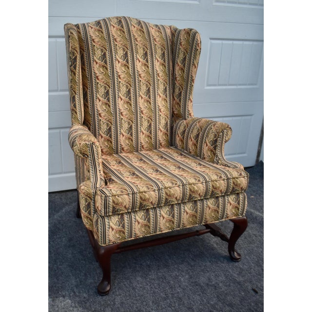 Vintage Queen Anne Wingback Chair Mahogany Cabriole Leg Striped Tapestry Floral For Sale - Image 11 of 15