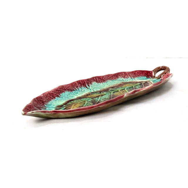 Maroon Antique American Victorian Majolica Leaf Relish Serving Tray For Sale - Image 8 of 13