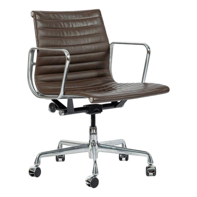 Eames Herman Miller Aluminum Group Thin Pad Brown Leather Office Chair, 2008 For Sale