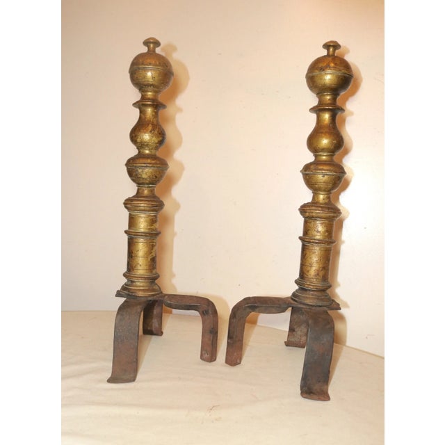 18th Century Share Large Pair 18th Century Turned Peened Brass Wrought Iron Fireplace Andirons For Sale - Image 5 of 12