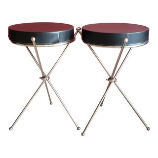 1980s Mid-Century Modern 3 Legged Chrome With Leather Top Side Tables - a Pair For Sale