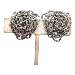 Vintage Signed Napier "Golden Fern" Rhodium Plated Clip Earrings, 1966 For Sale