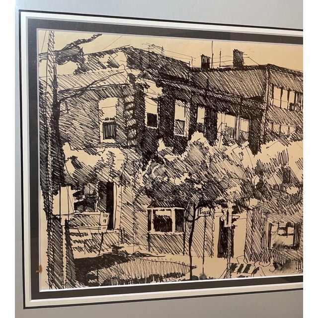 1970s Vintage 75' Original S. Stirling Stylized Ink Drawing Apartment Cityscape Sketch For Sale - Image 5 of 12