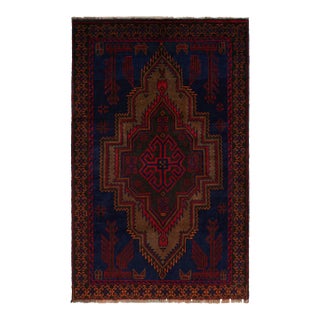 Rug & Kilim’s Baluch Tribal Rug in Navy Blue With Brown and Red Medallion For Sale