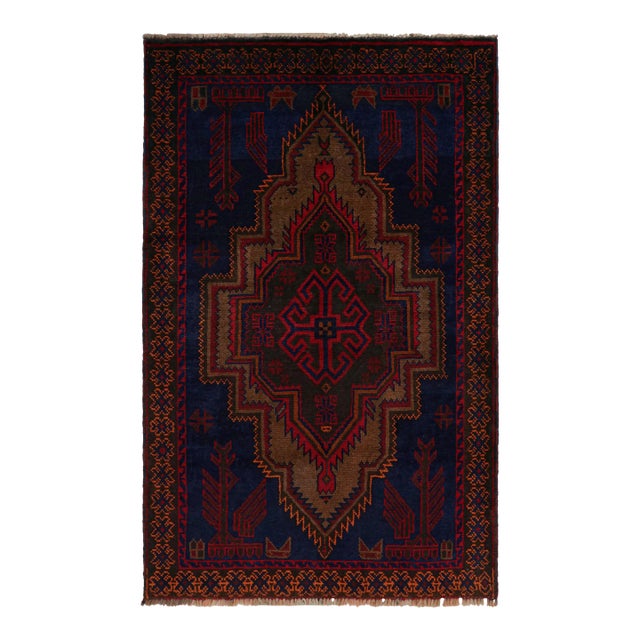 Rug & Kilim’s Baluch Tribal Rug in Navy Blue With Brown and Red Medallion For Sale