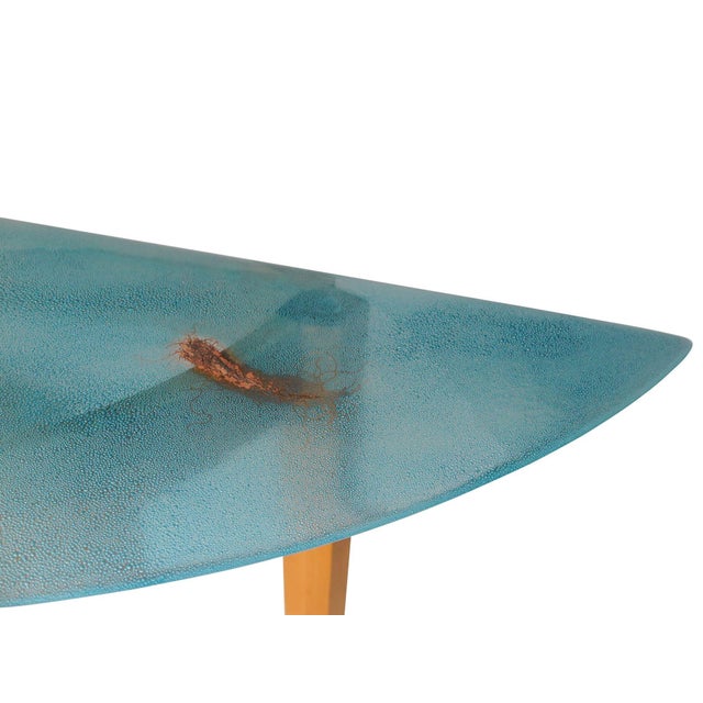 Blue Mid 20th Century Beech Entryway Console Table With Turquoise Art Glass With Copper Infusions For Sale - Image 8 of 10