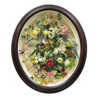 Antique Victorian Wax Floral Mourning Wreath Oval Mahogany Shadow Box Oddity For Sale
