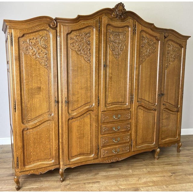 Vintage French Louis XVI Five Door Oak Carved Armoire For Sale - Image 14 of 14