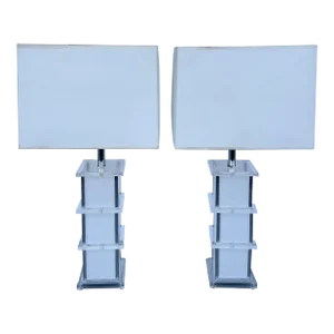 Pair of White & Clear Lucite Table Lamps From 80's