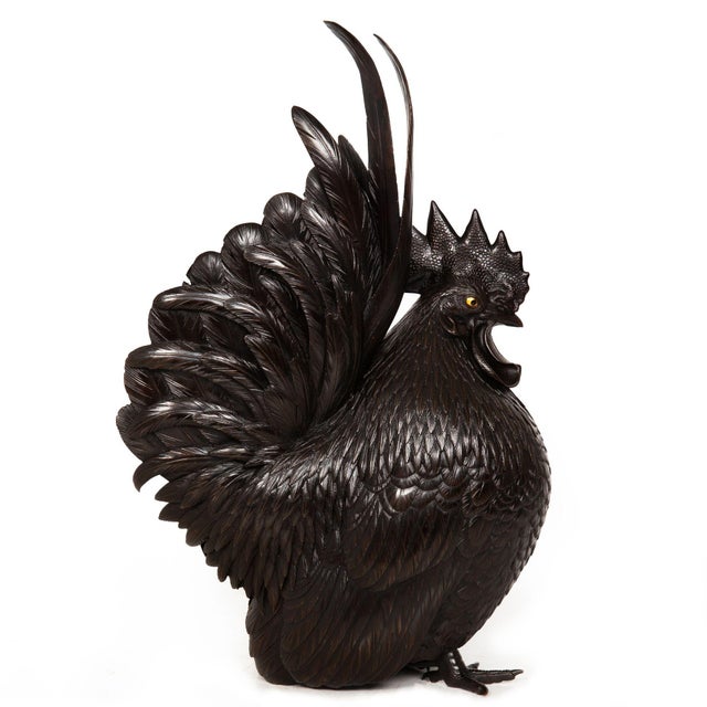 Japanese Meiji Period Pair of Bronze Sculptures Okimono of Rooster & Hen For Sale - Image 4 of 18